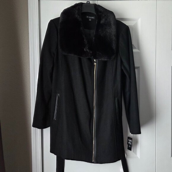 NWT INC International Concepts Women's Black Faux Fur Coat With Belt - Picture 3 of 12